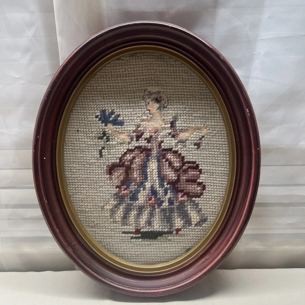 Vintage Cross Stitch Victorian Woman Oval Frame